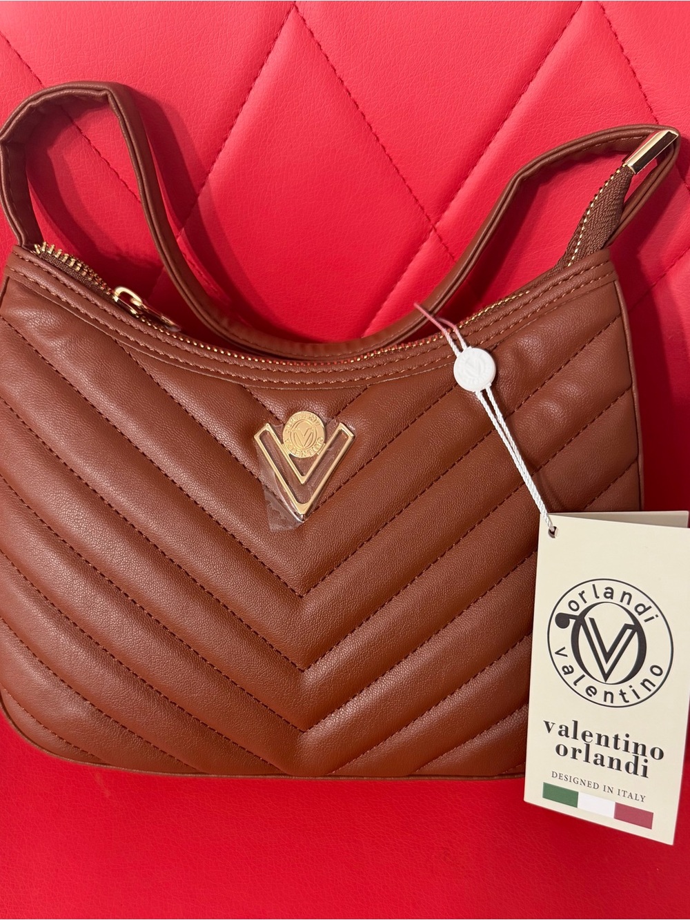 Valentino Orlandi Chestnut Quilted Shoulder Bag with Gold V Logo